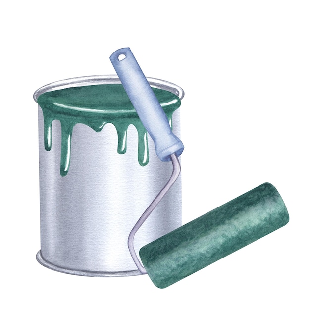 Grüne Farbe, die aus fließendem Aluminium austritt, kann Rollenreparaturwerkzeug, Aquarell-Illustration isoliert