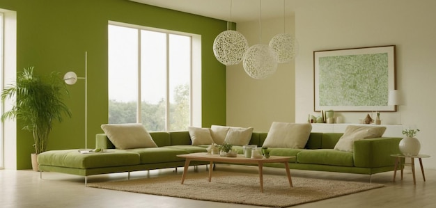 grüne farbige Stühle am runden hölzernen Esstisch in einem Raum mit Sofa und Schrank in der Nähe der grünen Wand Scand