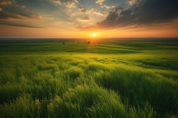 Grüne Felder bei Sonnenuntergang generative ai