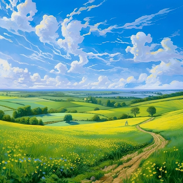 Grüne Felder, sanfte Hügel, Frühlingslandschaft unter blauem Himmel, KI-generativ
