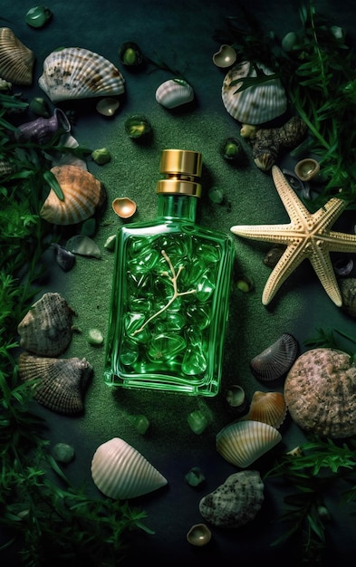 Grüne Flasche Parfüm mit einer grünen Flasche grüner Flüssigkeit, umgeben von Muscheln und Muscheln.
