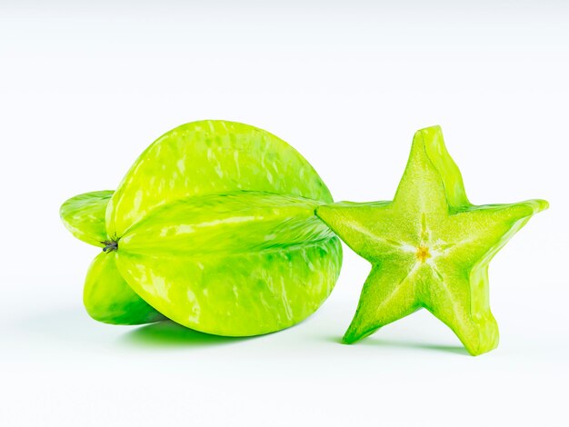 Grüne Frucht einer Karambole oder Sternfrucht Sternfrucht auf weißem Hintergrund Die Frucht ist grün 3D-Render