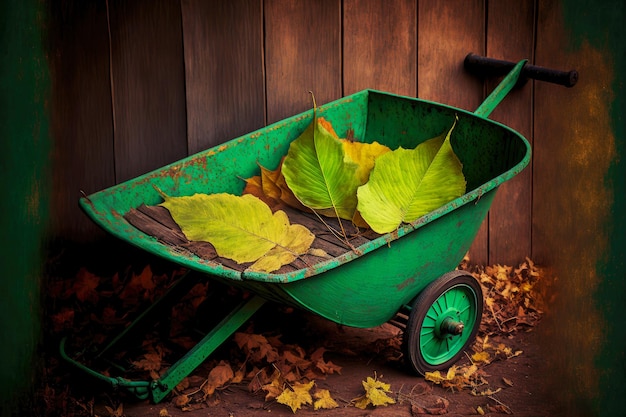 Grüne Gartenschubkarre mit gefallenem Herbstlaub auf hölzernem Hintergrund