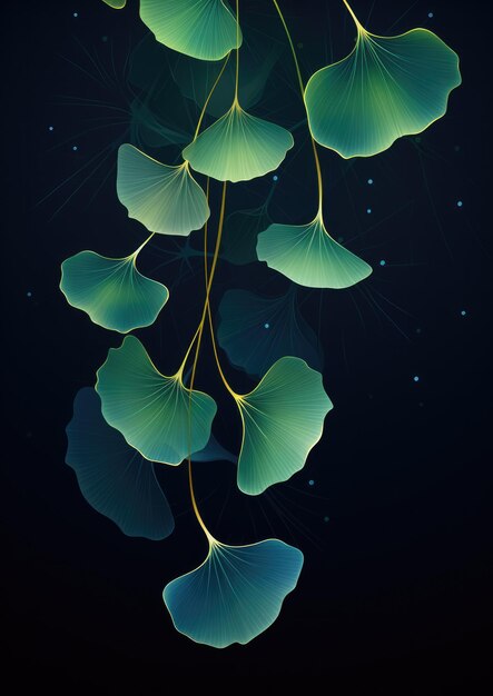 Grüne Ginkgo biloba-Blätter auf dunklem Hintergrund, generative Ai