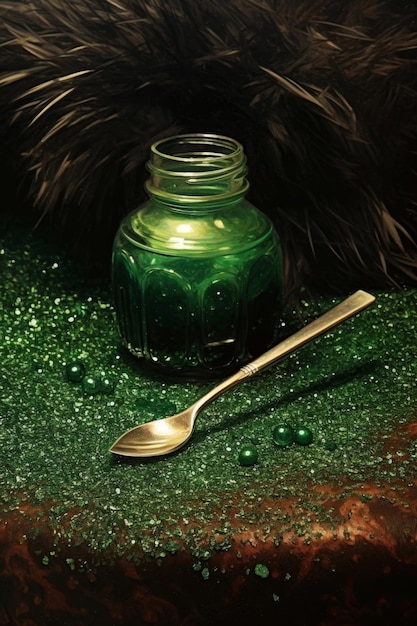 Grüne Glasflasche mit grüner Flüssigkeit neben einem silbernen Löffel.