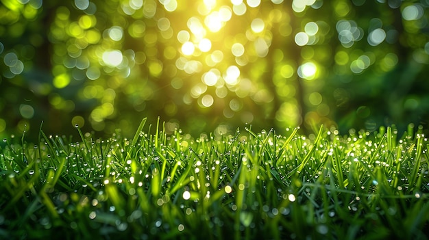 Grüne Grenze von Gras mit Wasserdropfen, Sonnenlicht und Bokeh