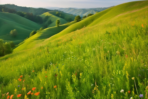 Grüne Hügel mit Blumen und Bäumen