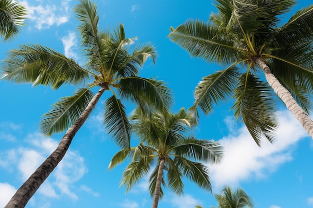 Grüne Kokospalmen vor blauem Himmel und leichter Wolke im Stil einzigartiger Rahmung und Co