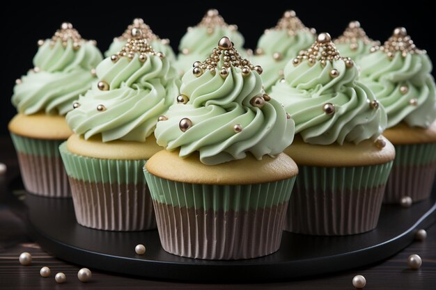 Grüne Kronen-Cupcakes mit Frischkäse-Zuckerguss, gekrönt von einem roten Herzen