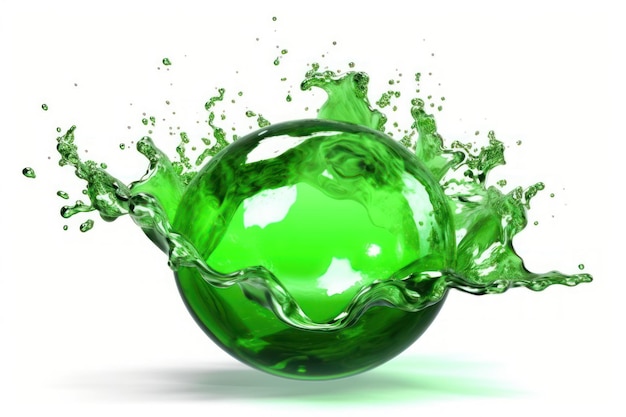Grüne Kugel mit einer grünen Kugel und Wasser, das um sie herum spritzt.