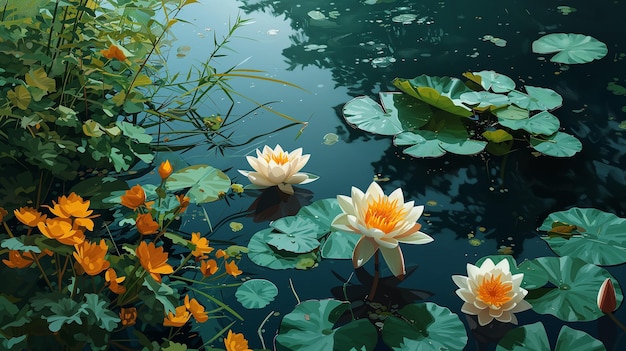 Grüne Lilienblumen und weiße Lotusblumen auf einem dunklen Hintergrund Blumendruck mit Wasserpflanzen Botanische Textur überwucherter Teich Vektor Tapeten