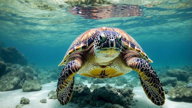 Foto grüne meeresschildkröte chelonia mydas unter wasser