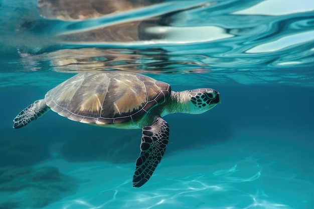 Grüne Meeresschildkröte, die anmutig im klaren, blauen Ozeanwasser schwimmt Generative KI