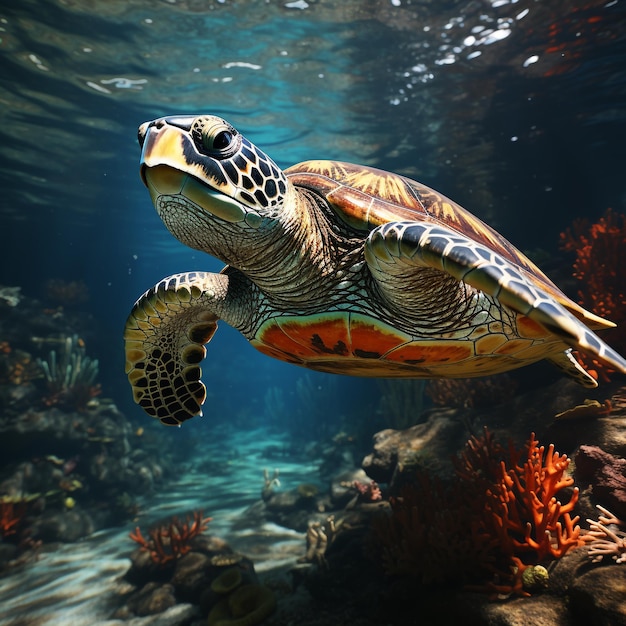 Grüne Meeresschildkröte mit Sonnenstrahl im Hintergrund unter Wasser, generiert von KI