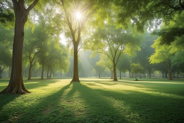 Grüne Naturansicht von Grünen Blättern im Park mit verschwommenem Bild grünen Bäumen und Sonnenlicht am Morgen