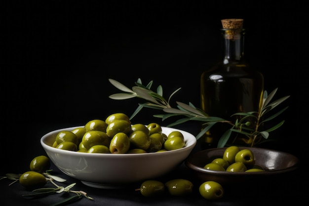 Grüne Oliven in einer weißen Schüssel neben einer Flasche mit Olivenöl und Blättern auf schwarzem Hintergrund