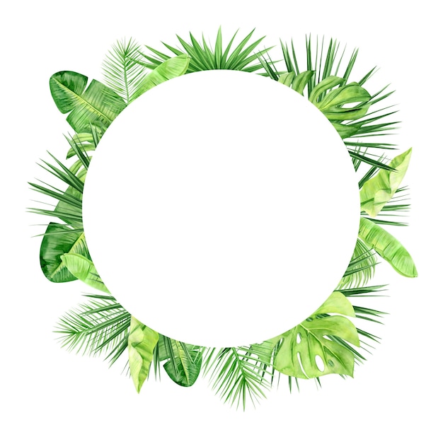 Grüne Palmblätter und Blumenrahmen. Tropische Pflanze. Handgemalte Aquarellillustration lokalisiert auf Weiß.