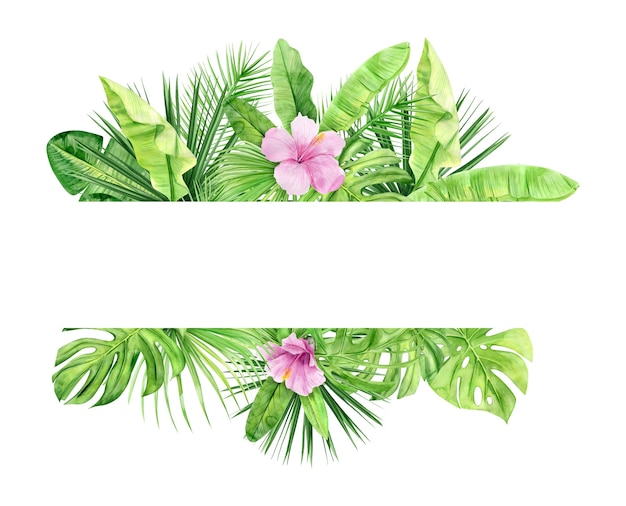 Grüne palmblätter und blumenrahmen. tropische pflanze. handgemalte aquarellillustration lokalisiert auf weiß.