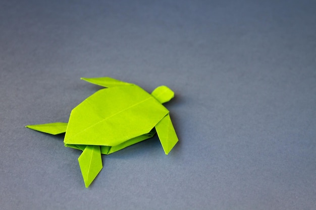 Grüne Papierschildkröte Origami isoliert auf grauem Hintergrund