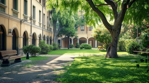 Grüne Parkbänke im Sommerhof