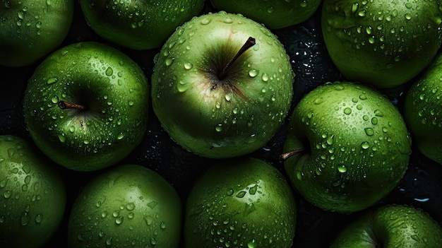 Grüne Äpfel mit Wassertröpfchen darauf