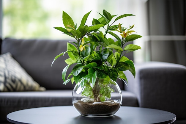 Grüne Pflanze in einem Topf auf einem Coffee-Tisch vor dem Hintergrund eines gemütlichen Sofas, Blur-Hintergrund KI