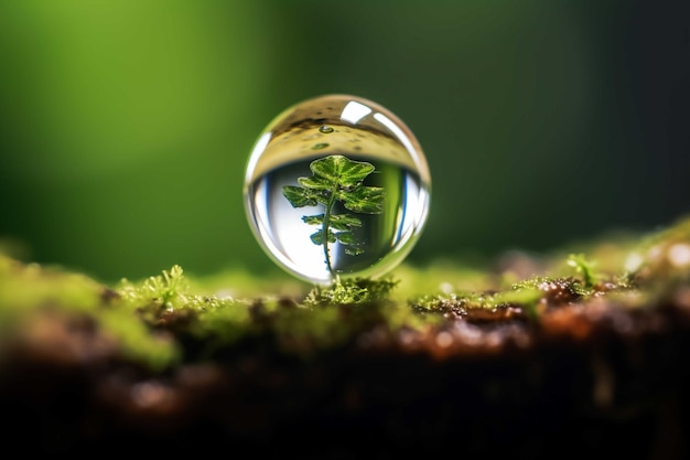 Grüne Pflanze in einer Glaskugel auf dem Moos Das Konzept des Umweltschutzes