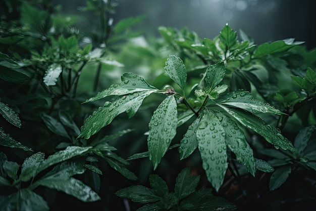 Grüne Pflanzen im Nebel mit Wassertropfen auf Blättern, erzeugt mit generativer KI