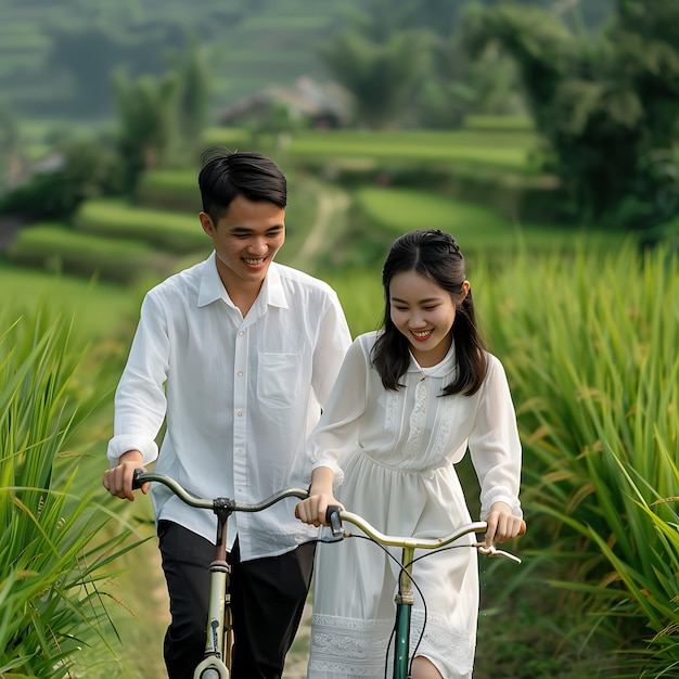 Grüne Reisfelder Schüler Schultage Land Glückseligkeit Ao Dai Traditionen in freudigen Kindheitserinnerungen