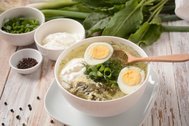 Grüne Sauerampfer-Spinat-Suppe mit gekochtem Ei, Frühlingszwiebeln und Sauerrahm
