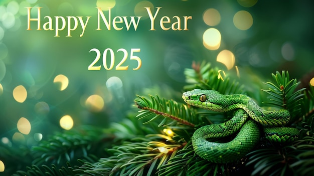 Grüne Schlange auf dem Weihnachtsbaum mit Bokeh-Lichtern im Hintergrund Neujahrskonzept