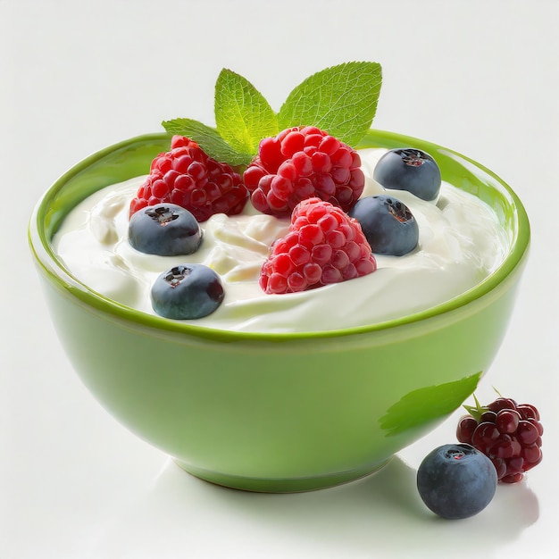 Grüne Schüssel mit griechischem Joghurt und frischen Beeren auf weißem Hintergrund