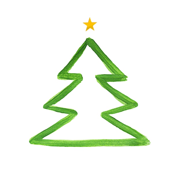 Grüne Silhouette eines Weihnachtsbaums, gezeichnet mit einem Pinsel auf einem weißen, isolierten Hintergrund