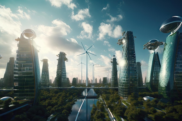 Grüne Stadt der Zukunft mit Sonne, die auf Sonnenkollektoren und Windkraftanlagen scheint
