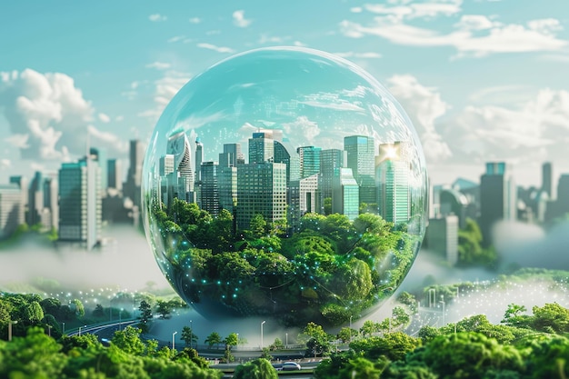 Grüne Stadt in einer Glaskugel