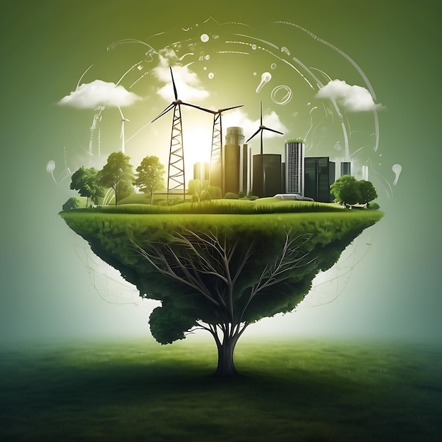 Grüne Stadt mit Windturbinen Ökologisches Konzept