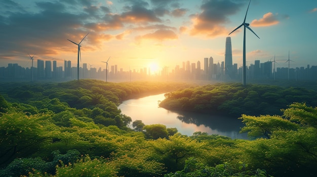 Grüne Stadtlandschaft mit Windturbinen und Fluss beim Sonnenuntergang Naturhintergrund Generative KI