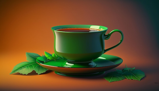 Grüne Tasse Kräutertee auf dem Tischbild, ai-generierte Kunst