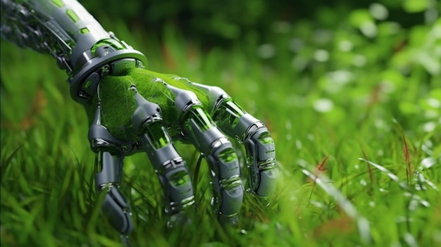 Grüne Technologie, konzeptionelles Design, menschlicher Arm, bedeckt mit Gras und üppiger und roboterhafter Hand, 3D-Rendering
