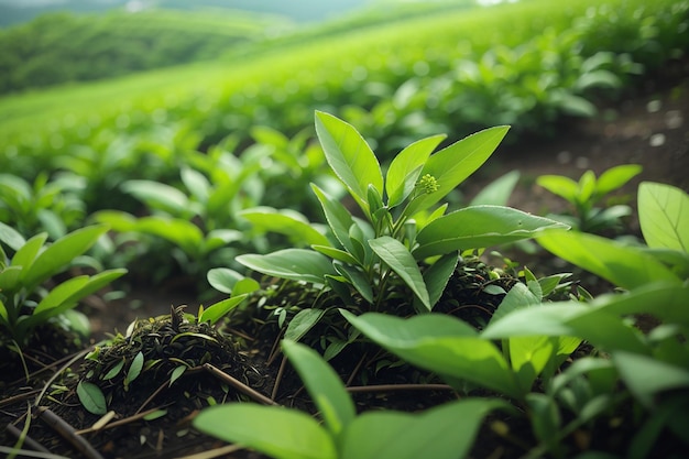 Grüne Tee Knospen und Blätter grüne Tee Plantagen am Morgen