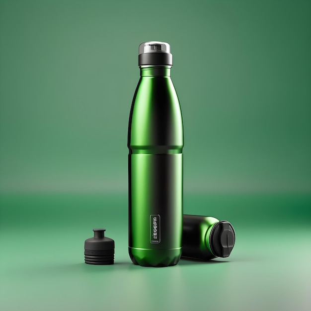 Foto grüne thermoflasche auf grünem hintergrund