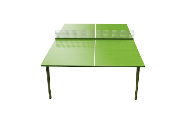 Grüne Tischtennisplatte oder Tisch mit Netz isoliert auf weißem Hintergrund 3D-Rendering