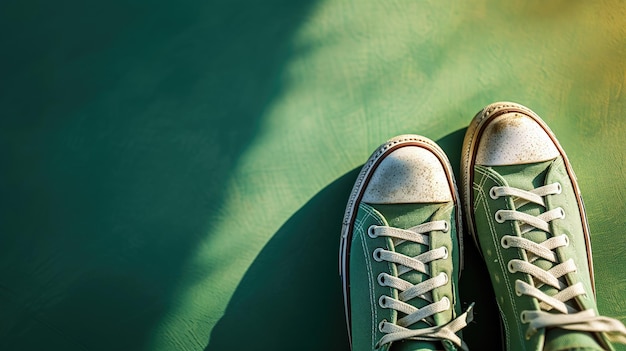 Grüne Turnschuhe werfen einen Schatten auf eine grüne Oberfläche