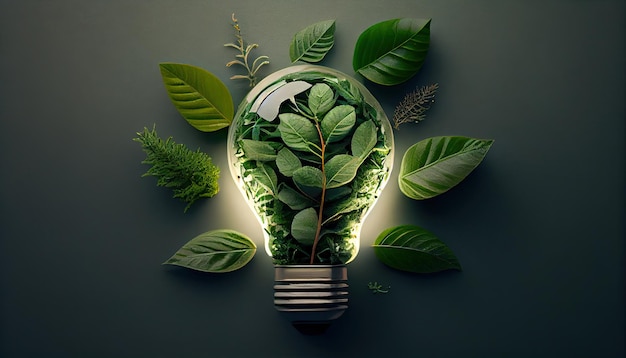 Grüne umweltfreundliche Glühbirne aus frischen Blättern Draufsicht Konzept der erneuerbaren Energien und des nachhaltigen Lebens Earth Day die Bedeutung der Liebe zur Natur