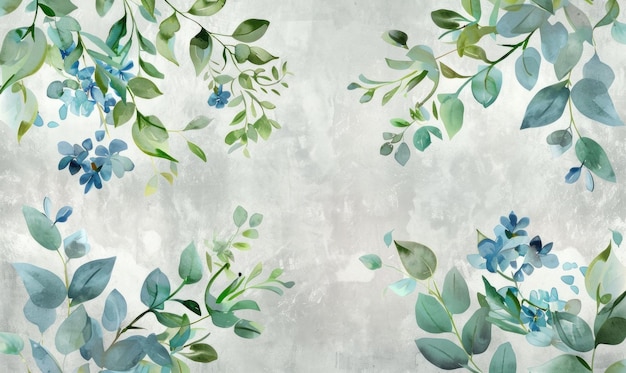 Foto grüne und blaue blätter aquarellmalerei auf weißem hintergrund mit textraum für künstlerisches naturdesignkonzept