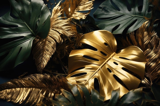 Grüne und goldene tropische Palmenblätter. Minimales abstraktes Dschungel- oder Waldmuster. Generative KI