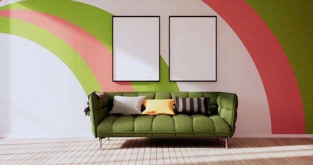 Grüne und rosafarbene Wand im Wohnzimmer zweifarbiges Design3D-Rendering