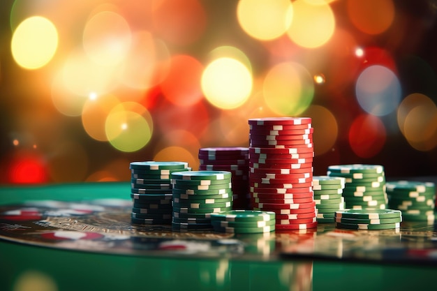 Grüne und rote Casino-Chips. Chips auf einem grünen Tisch auf einem Bokeh-Hintergrund. Spalten von Chips-Elementen