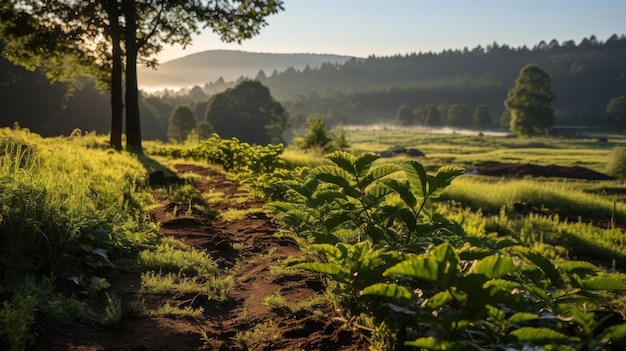 Grüne Wälder, die sich in einem Berglandpanorama befinden