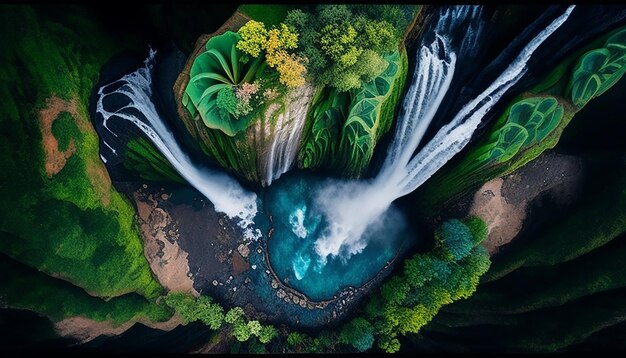 Grüne Waldbaumlandschaft mit fließendem Wasser, erzeugt durch KI